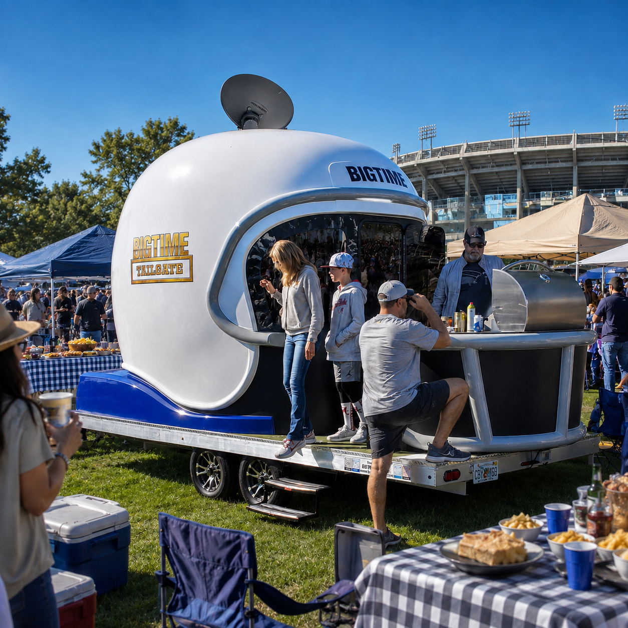 Family using the grill and trailer during a daytime tailgate