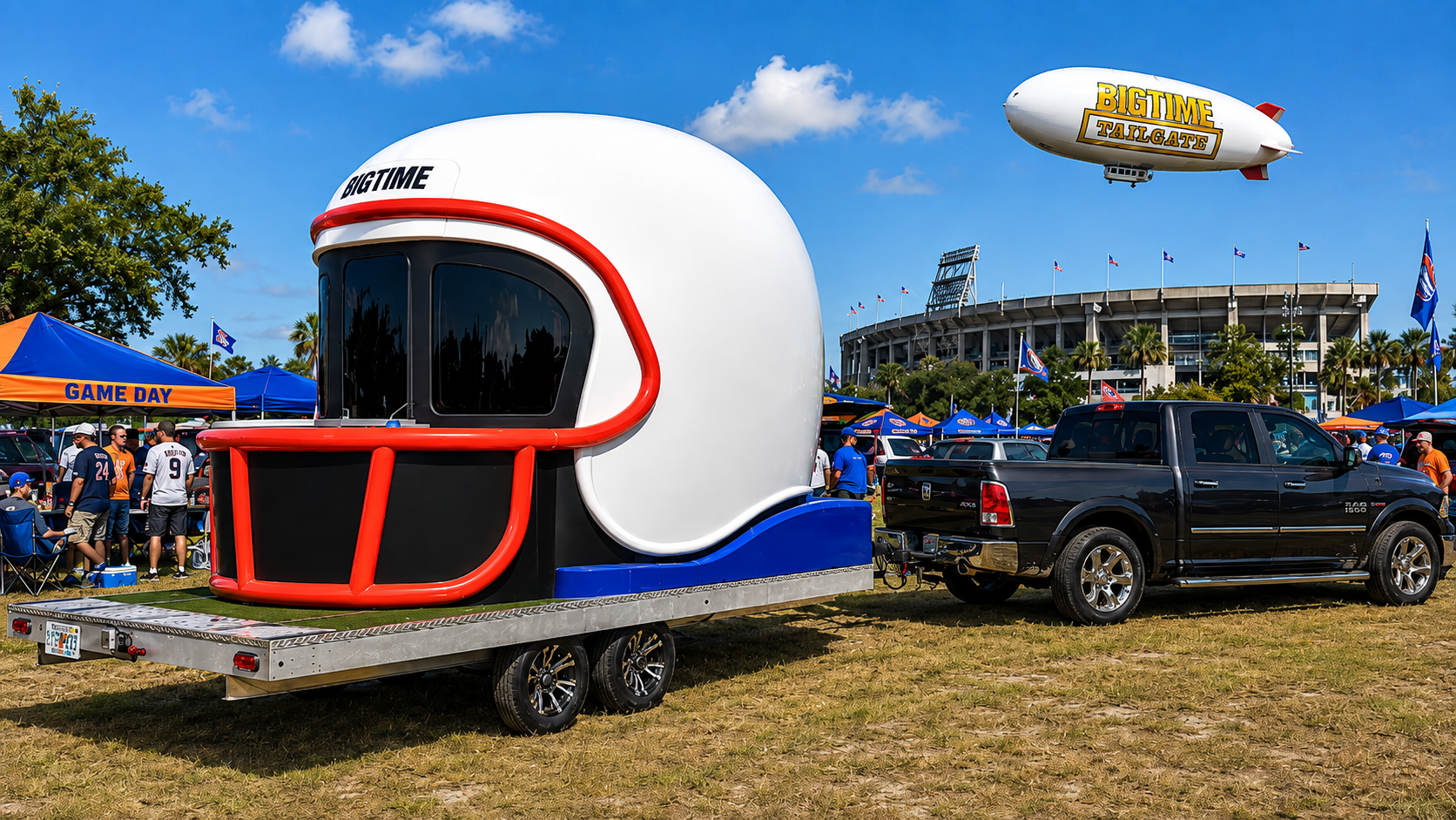 Big Time Helmets trailer at a large stadium tailgate
